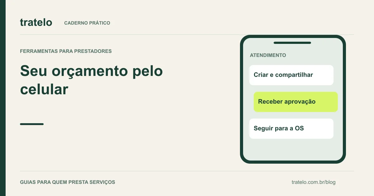 Guia visual: Seu orçamento pelo celular. Criar e compartilhar; Receber aprovação; Seguir para a OS.