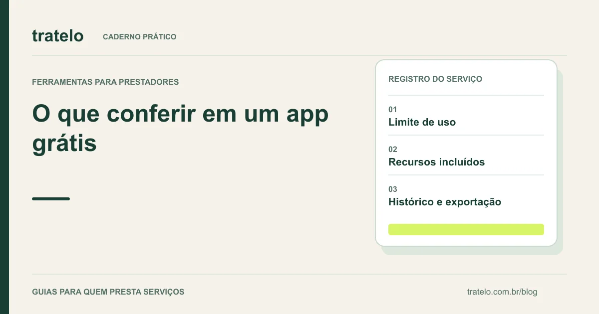 Guia visual: O que conferir em um app grátis. Limite de uso; Recursos incluídos; Histórico e exportação.