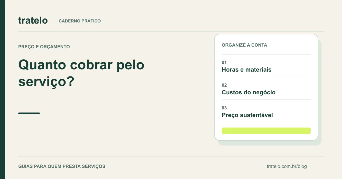 Guia visual: Quanto cobrar pelo serviço?. Horas e materiais; Custos do negócio; Preço sustentável.