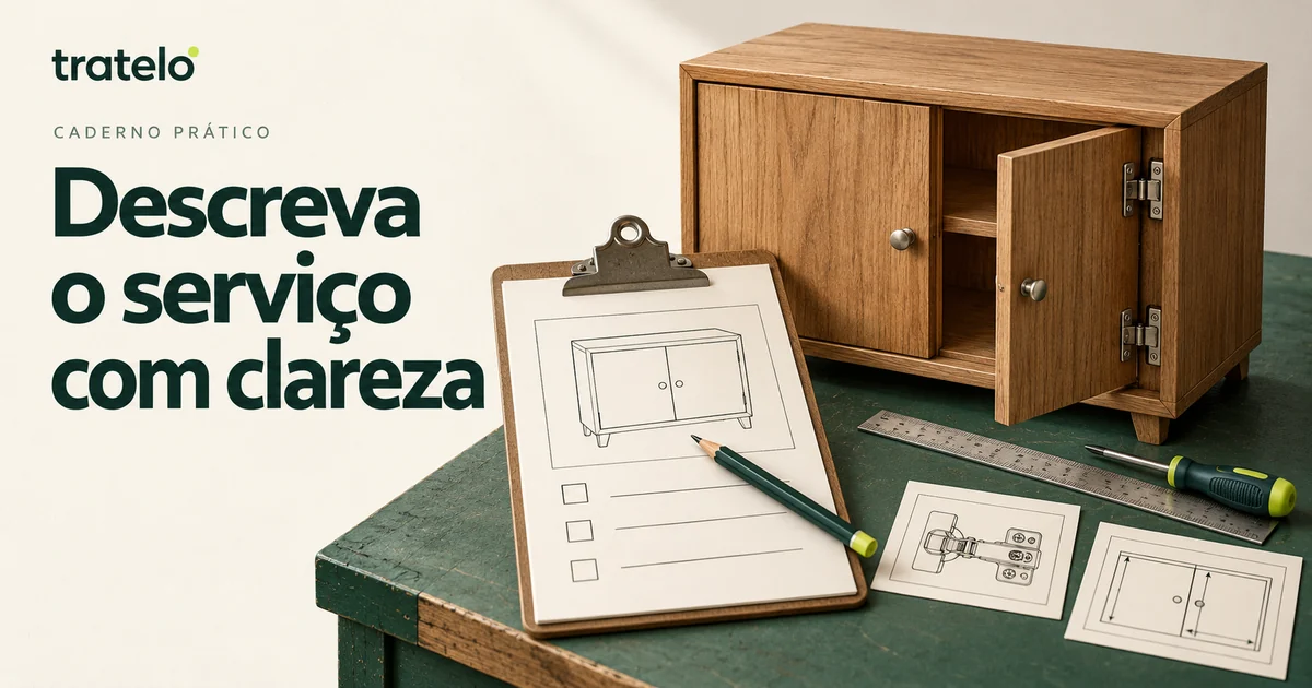 Capa “Descreva o serviço com clareza”: armário de madeira e prancheta com desenho e campos de conferência.