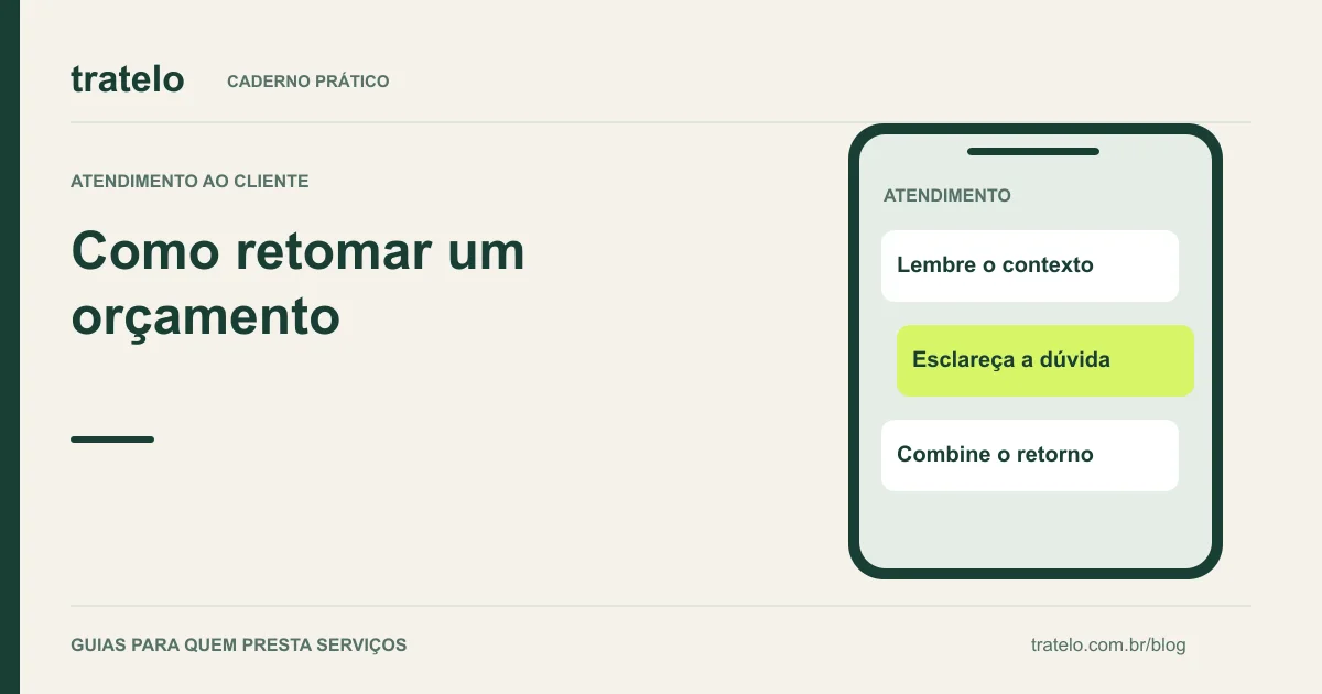 Guia visual: Como retomar um orçamento. Lembre o contexto; Esclareça a dúvida; Combine o retorno.