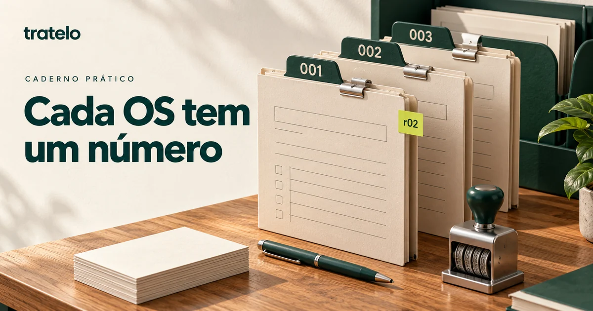 Capa “Cada OS tem um número”: pastas 001, 002 e 003, com uma etiqueta de revisão r02.