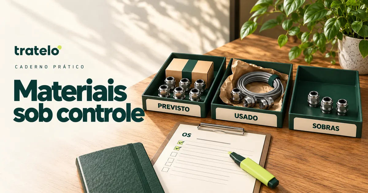 Capa “Materiais sob controle”: bandejas de materiais identificadas como previsto, usado e sobras ao lado de uma OS.