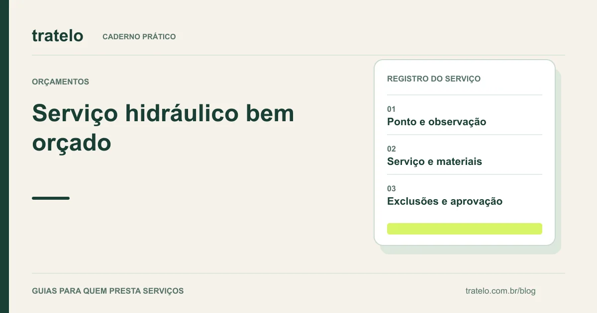 Guia visual: Serviço hidráulico bem orçado. Ponto e observação; Serviço e materiais; Exclusões e aprovação.