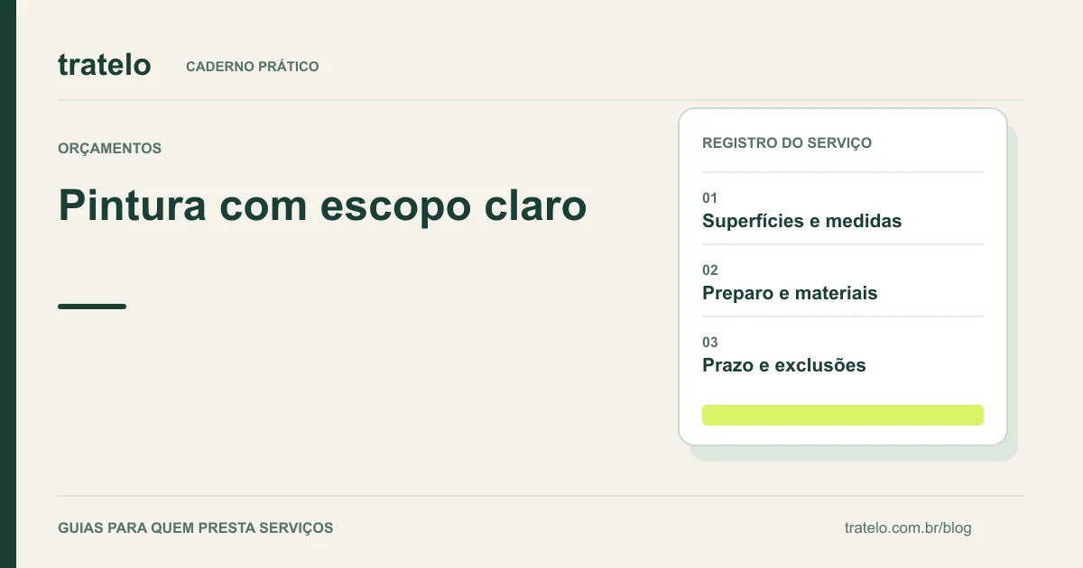 Guia visual: Pintura com escopo claro. Superfícies e medidas; Preparo e materiais; Prazo e exclusões.