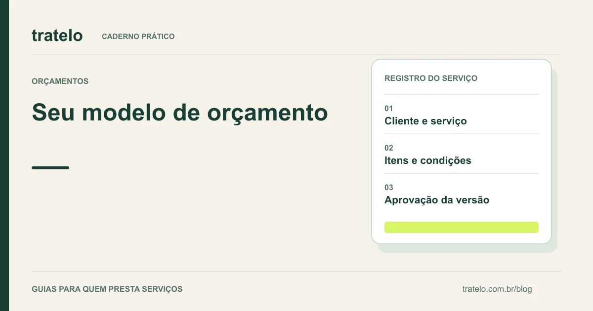 Guia visual: Seu modelo de orçamento. Cliente e serviço; Itens e condições; Aprovação da versão.