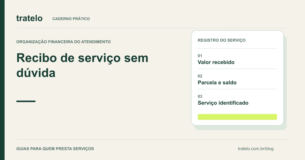 Guia visual: Recibo de serviço sem dúvida. Valor recebido; Parcela e saldo; Serviço identificado.