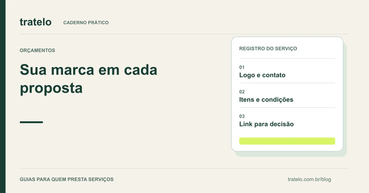 Guia visual: Sua marca em cada proposta. Logo e contato; Itens e condições; Link para decisão.