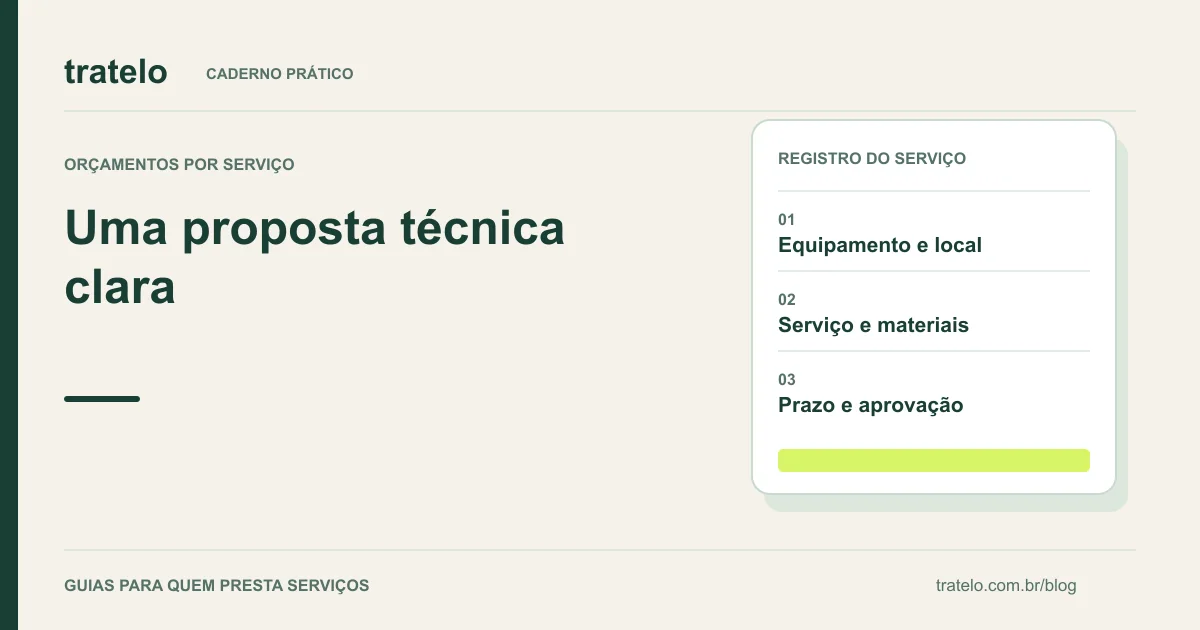 Guia visual: Uma proposta técnica clara. Equipamento e local; Serviço e materiais; Prazo e aprovação.