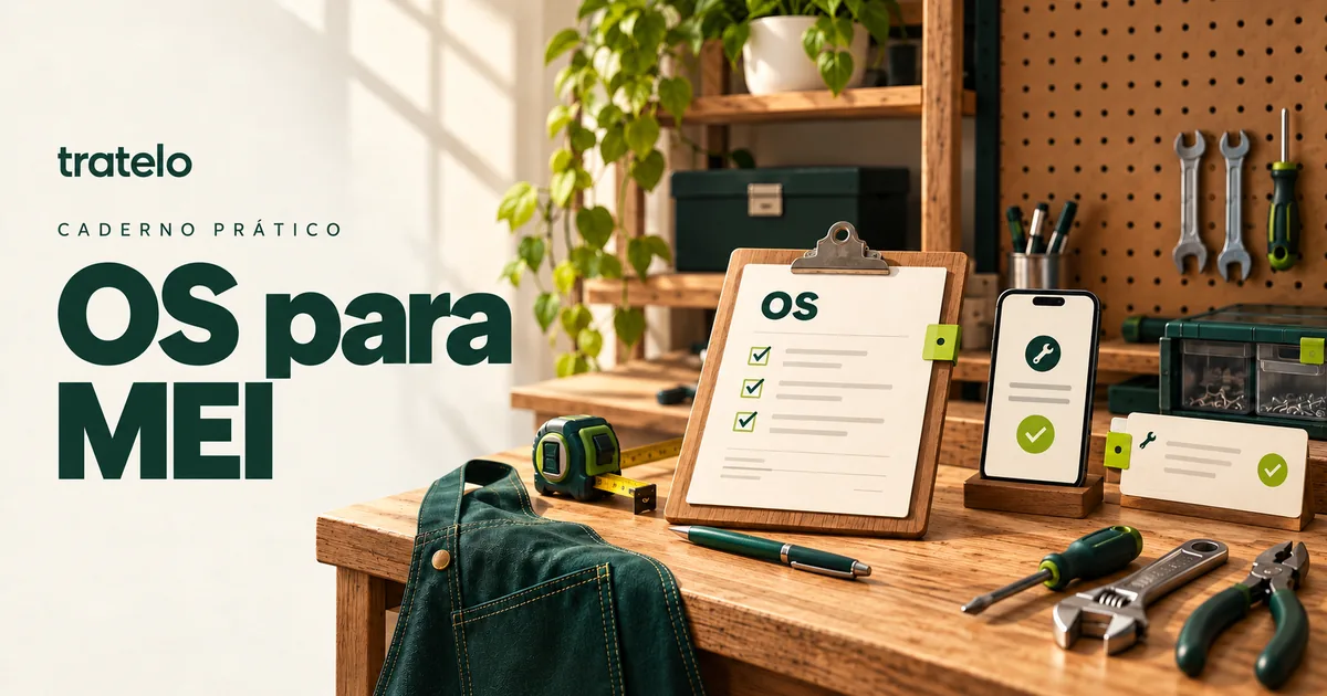 Capa “OS para MEI”: bancada de oficina com ordem de serviço, celular, ferramentas e avental verde.