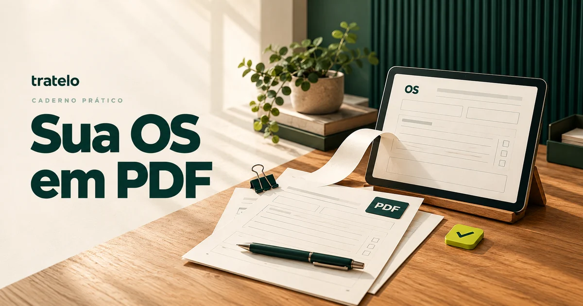 Capa “Sua OS em PDF”: formulário em um tablet e duas folhas de ordem de serviço sobre uma mesa.